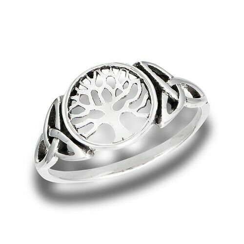 925 Sterling Silver Celtic Tree of Life w/ Triquetra Knot Ring Band Size 5-9