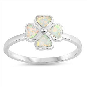 925 Sterling Silver Four Leaf Clover White Lab Opal Ring Band Size 5-10