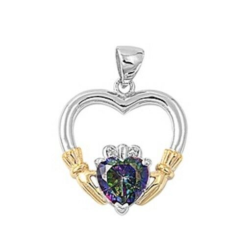 Sterling Silver Irish Claddagh Pendant w/ Rainbow Topaz CZ Heart + Free Chain