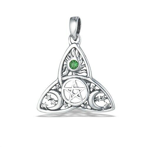 925 Sterling Silver Irish Celtic Triquetra Trinity Knot Moon Star Pentacle Pendant + Free Chain Necklace