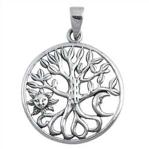 925 Sterling Silver Tree of Life Sun Moon Pendant FREE Chain