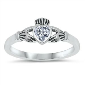 Sterling Silver Irish Claddagh Ring Clear CZ Heart Size 1-9