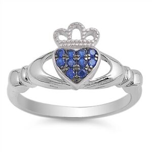 Sterling Silver Irish Claddagh Ring w/ Blue Sapphire CZ Size 4-10
